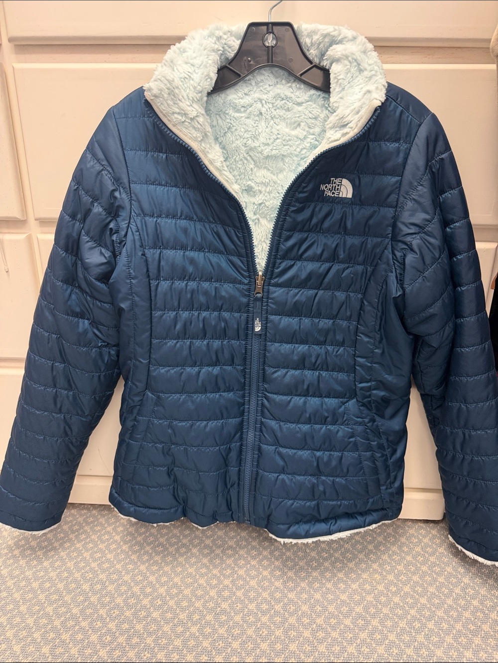 The North Face Navy Blue Quilted Puffy Jacket with Cream Plush Lining